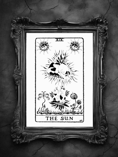 grafika-surrealistyczna-karta-tarota-kot-slonce-czarno-biala