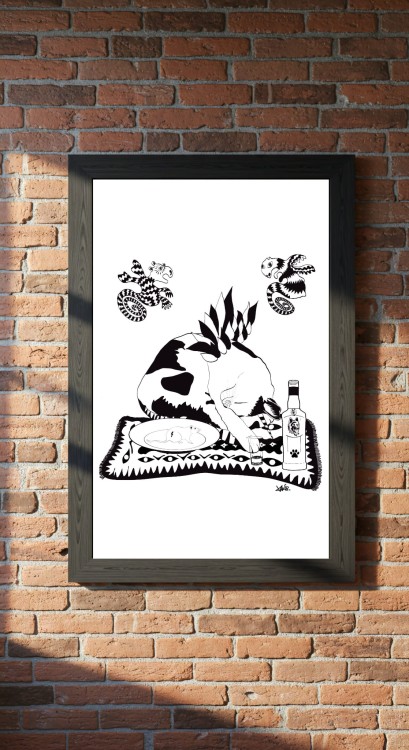 ilustracja-surrealizm-kot-rosliny-black-and-white